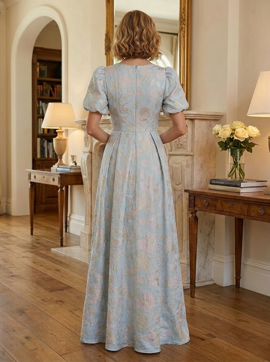 Powder Blue Pastel Floral Jacquard Puff Sleeve Maxi Mother of the Bride & Groom Dresses 