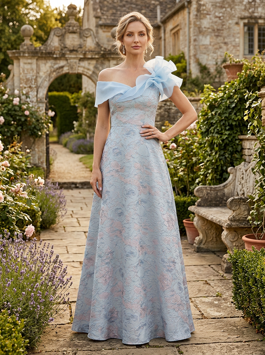 Serene Powder Blue Floral Jacquard One-Shoulder A-Line Mother of the Bride & Groom Dresses