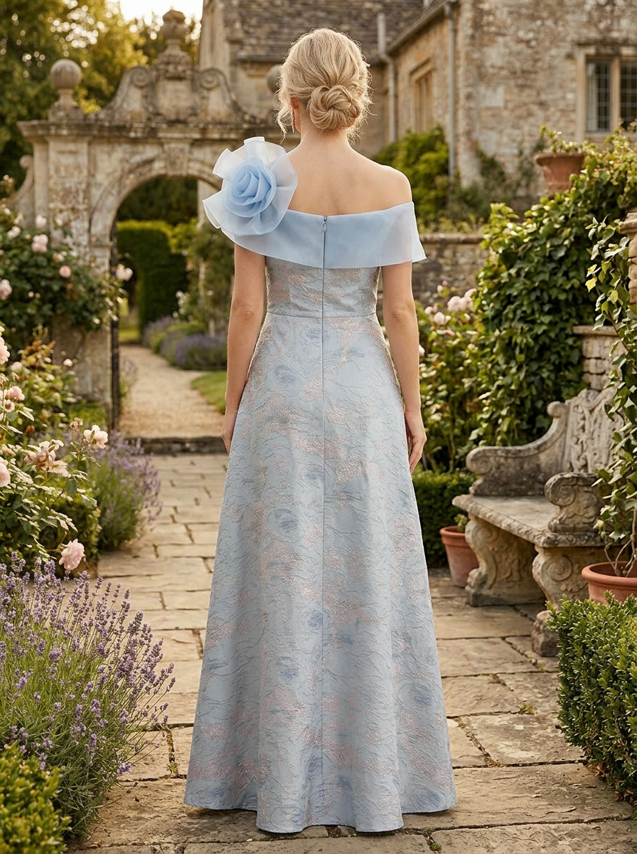Serene Powder Blue Floral Jacquard One-Shoulder A-Line Mother of the Bride & Groom Dresses