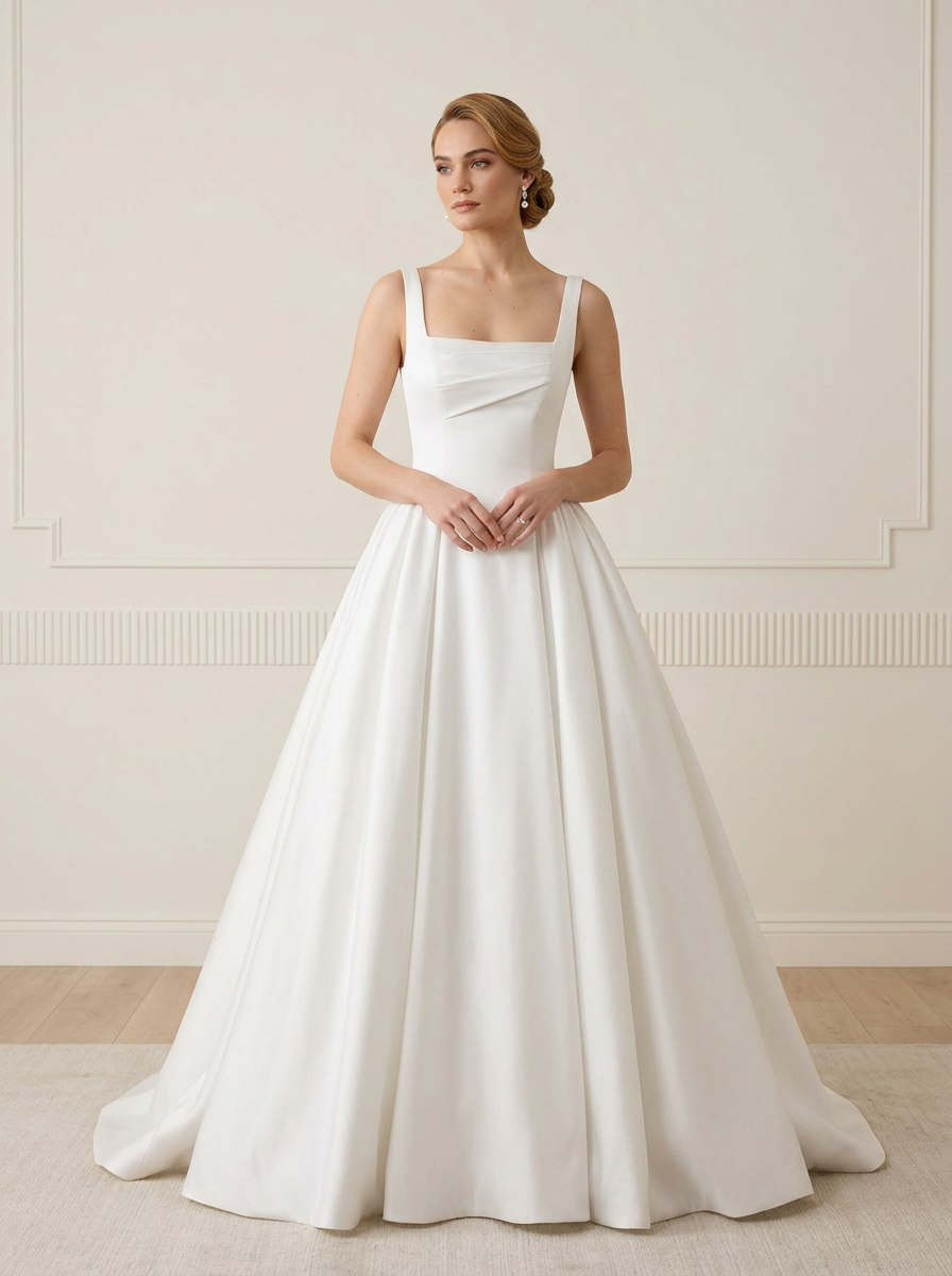 White Satin Square Neck Basque Waist Wedding Dress