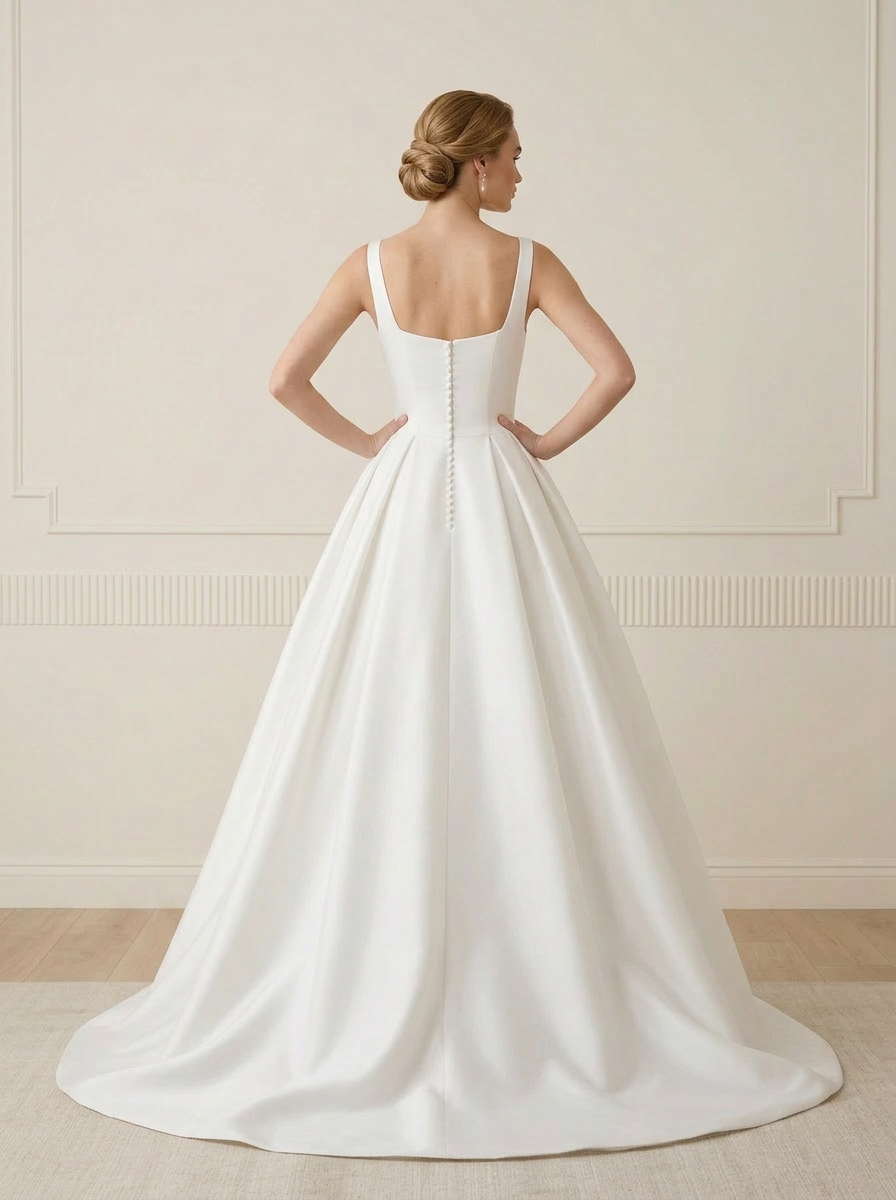 White Satin Square Neck Basque Waist Wedding Dress