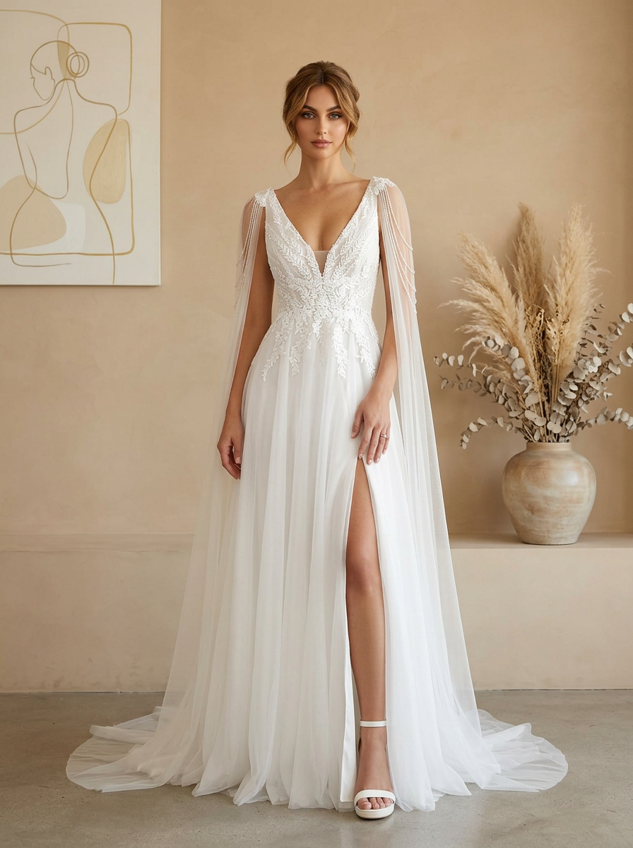 White Romance A-Line V-Neck Floral Lace Cape Sleeve Wedding Dress