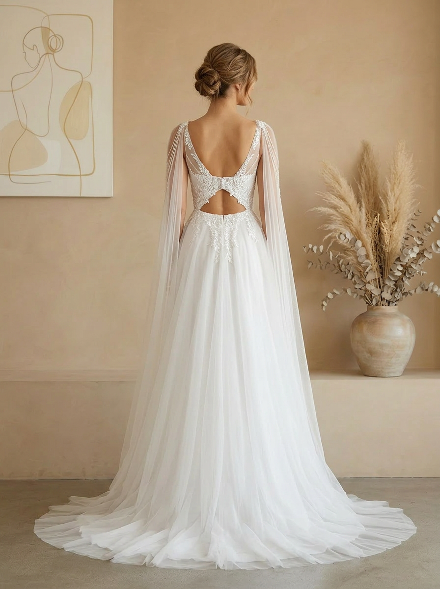 White Romance A-Line V-Neck Floral Lace Cape Sleeve Wedding Dress