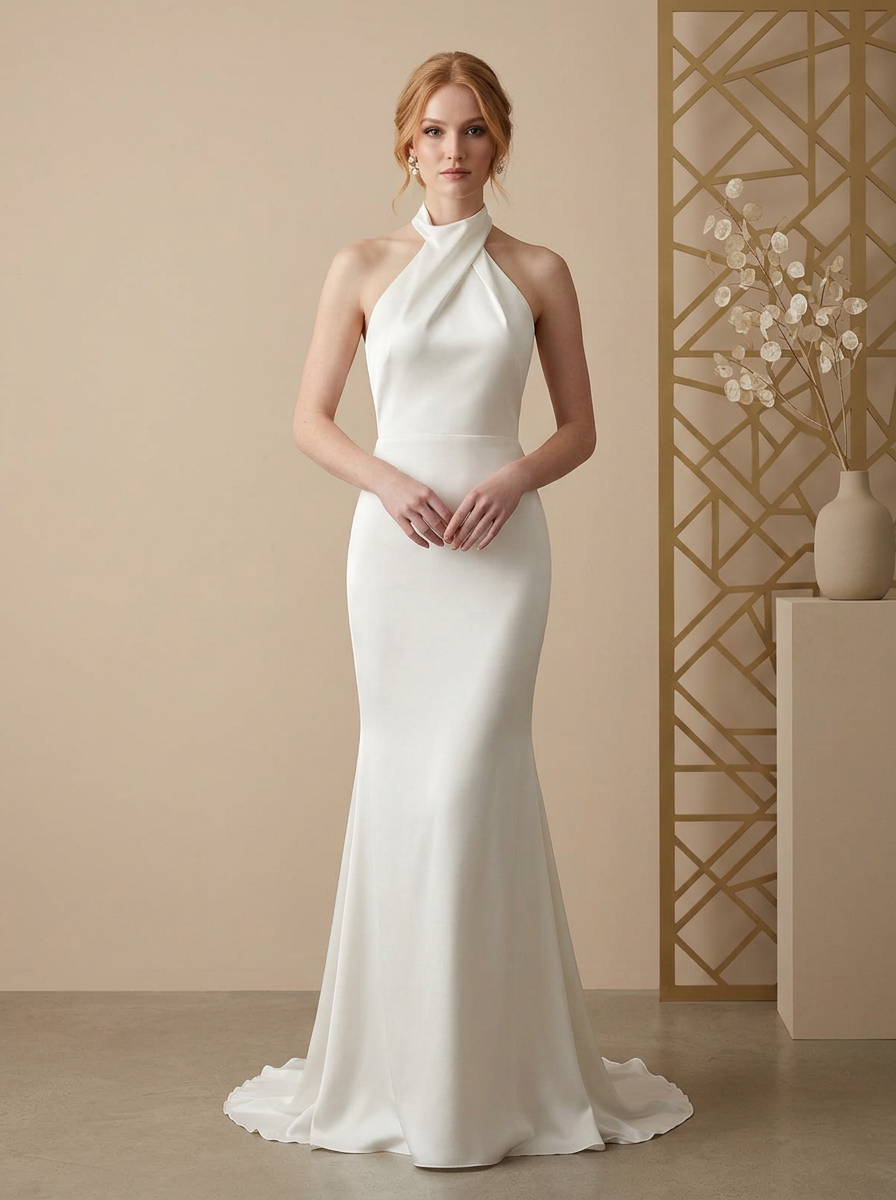 Ivory Sheath High Neck Halter Satin Wedding Dress