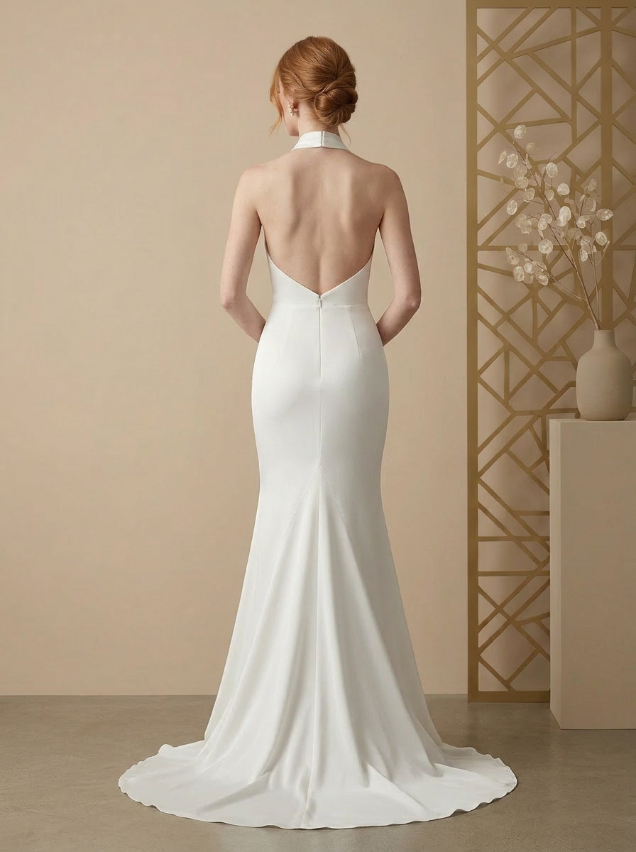Ivory Sheath High Neck Halter Satin Wedding Dress