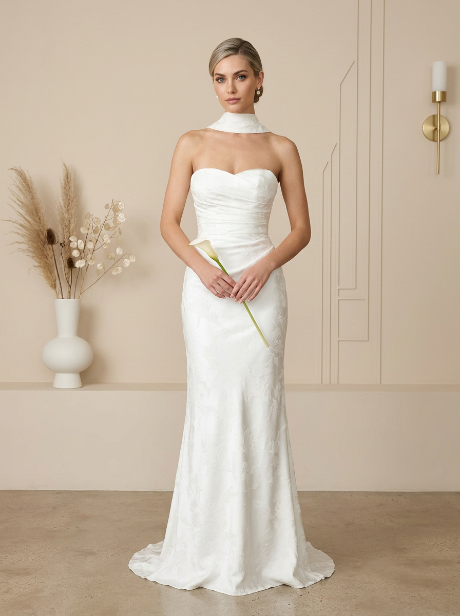 Ivory Sheath Floral Jacquard Strapless Wedding Dress
