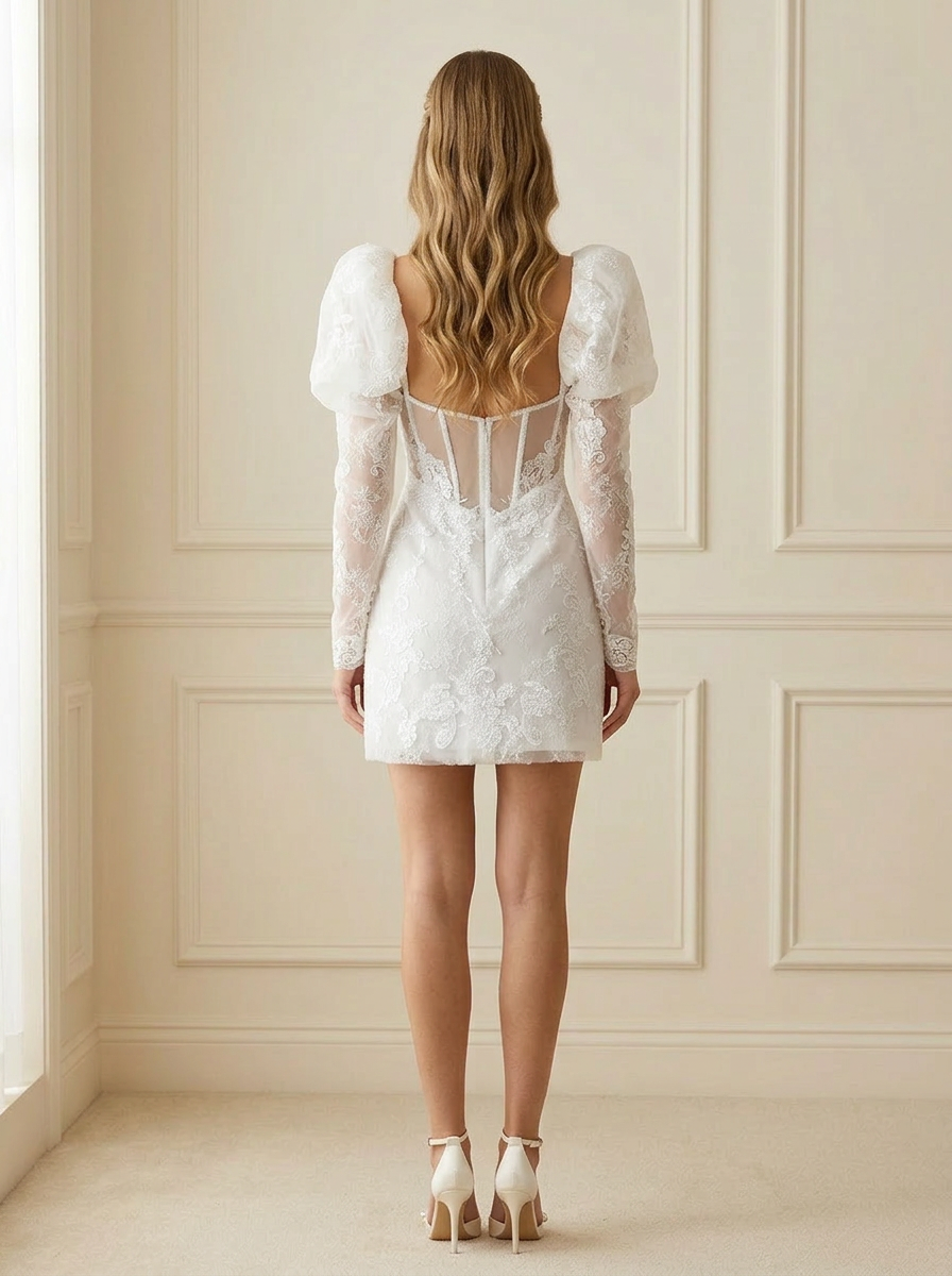 Ethereal Romantic White A-Line Lace Mini Wedding Dress 