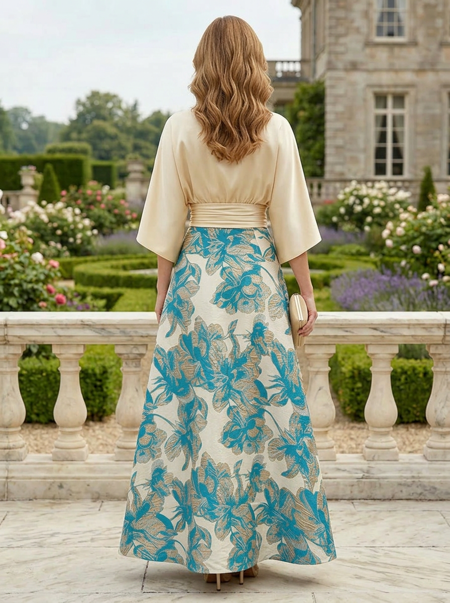 Elegant Champagne Satin Floral Jacquard Mock Two-Piece A-Line Mother of the Bride & Groom Dresses