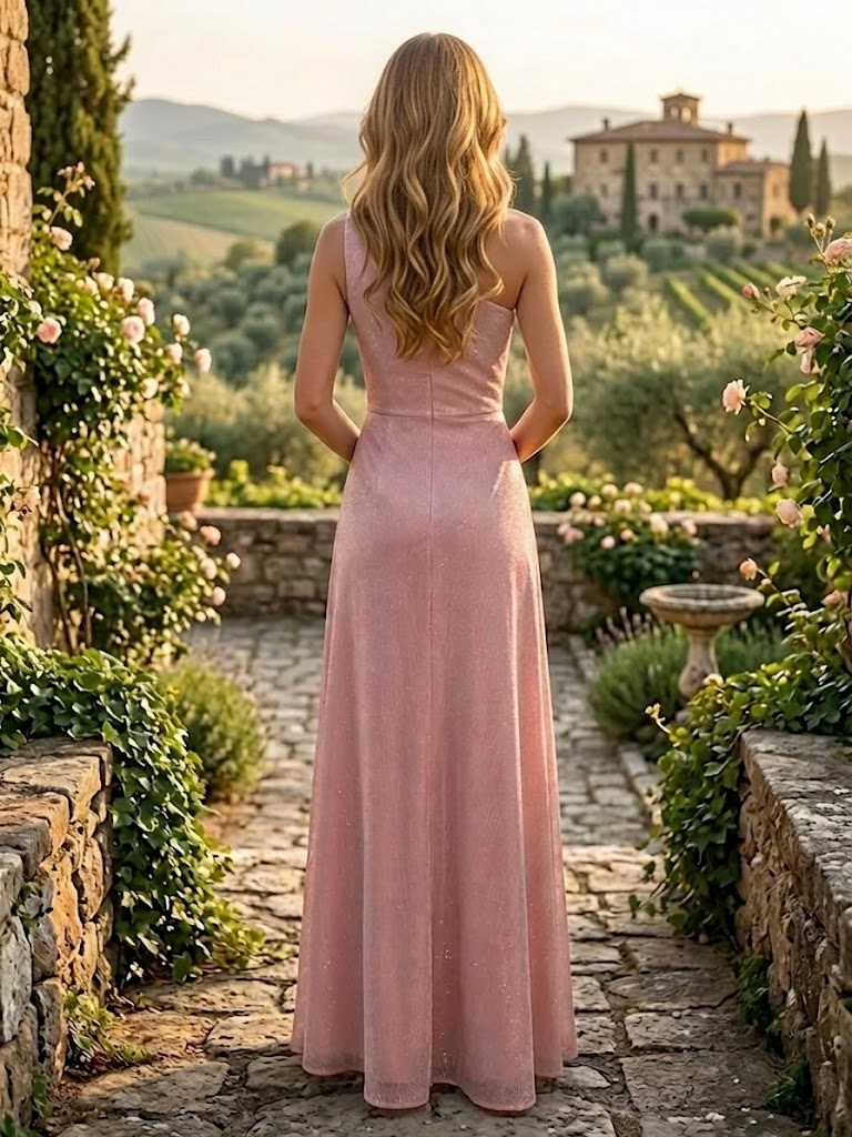 Radiant Metallic Rose Pink One Shoulder Draped Maxi Mother of the Bride & Groom Dresses