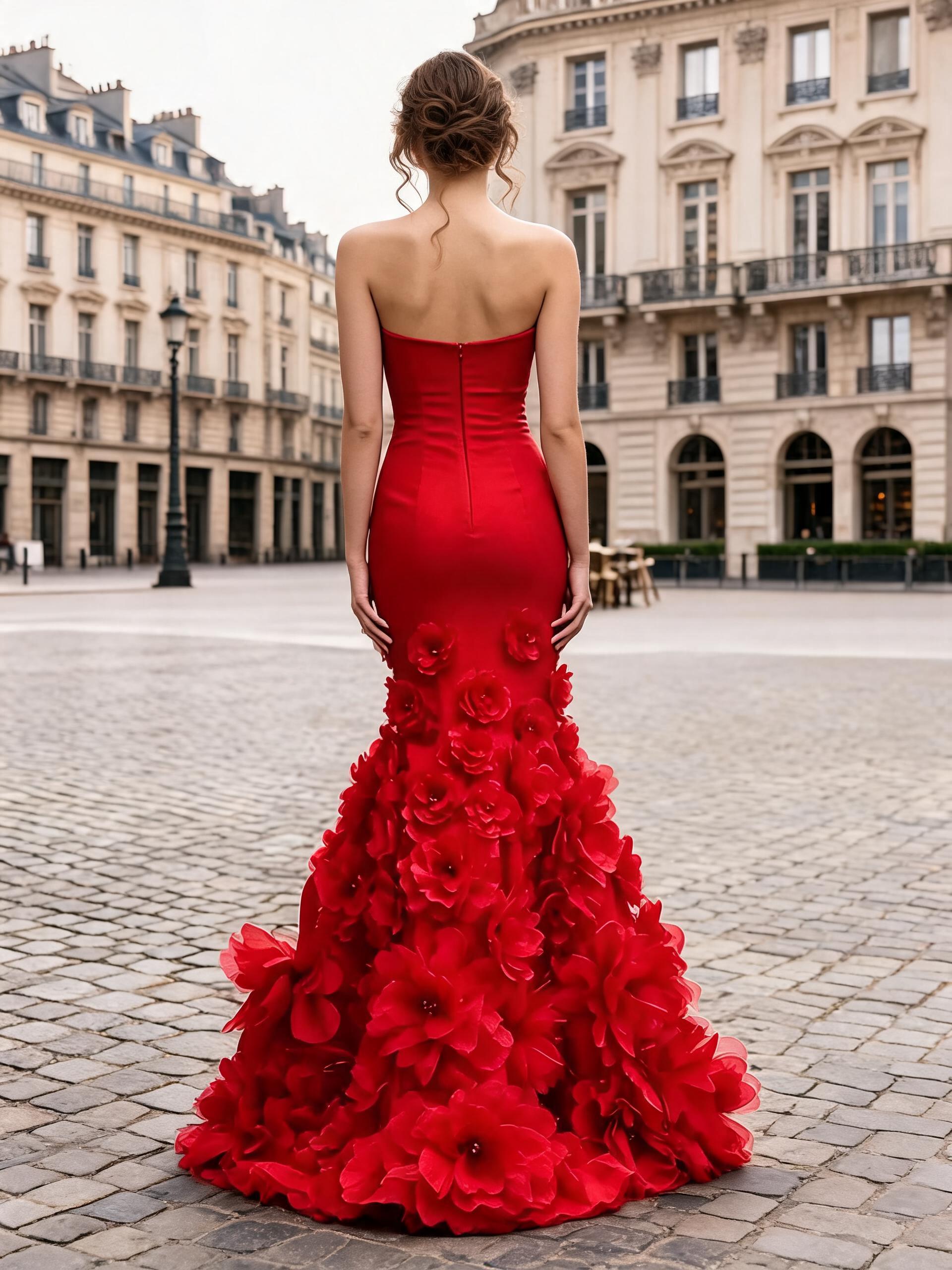 Radiant Red Floral Applique Strapless Mermaid Formal Evening Dress