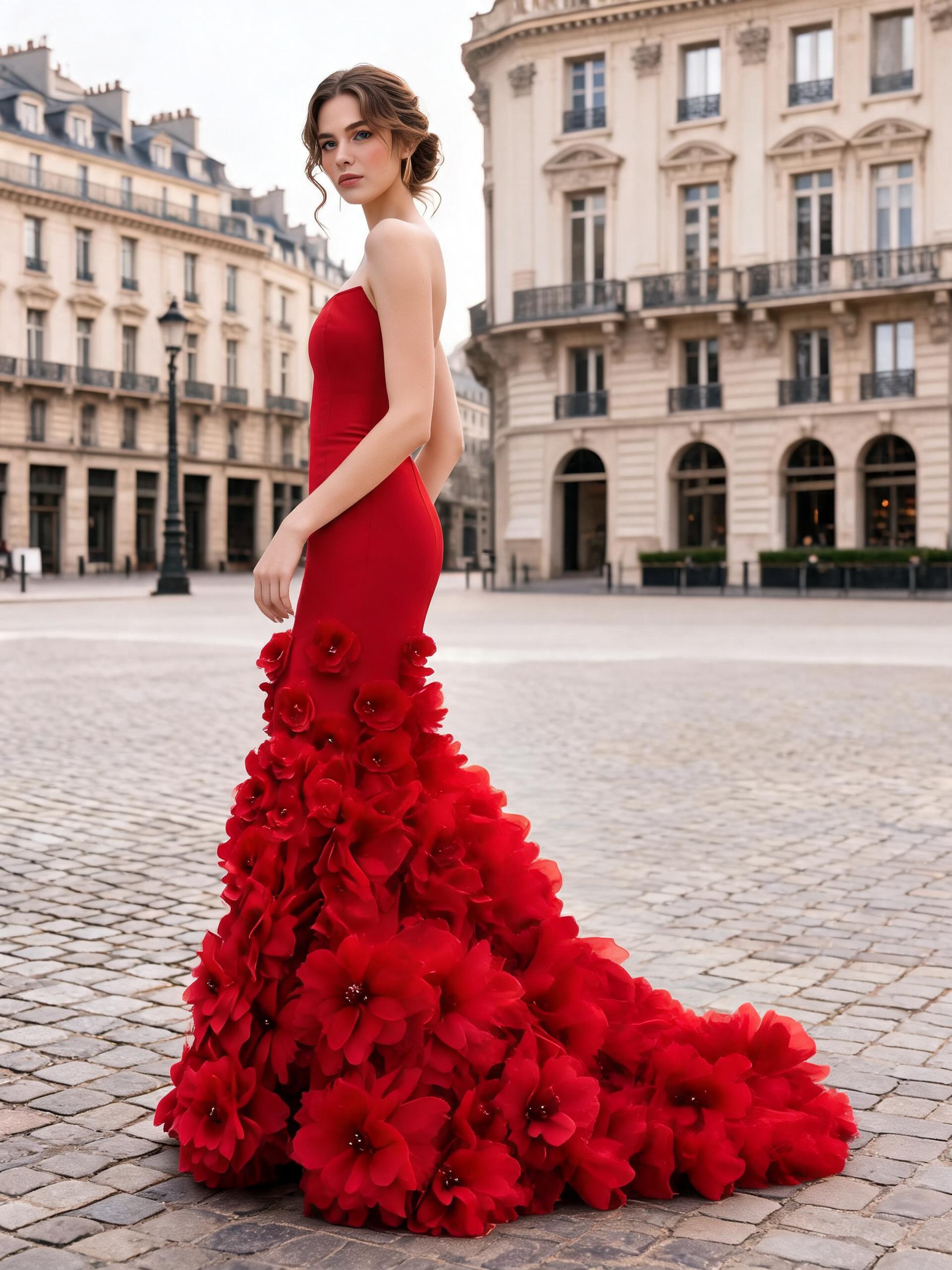 Radiant Red Floral Applique Strapless Mermaid Formal Evening Dress