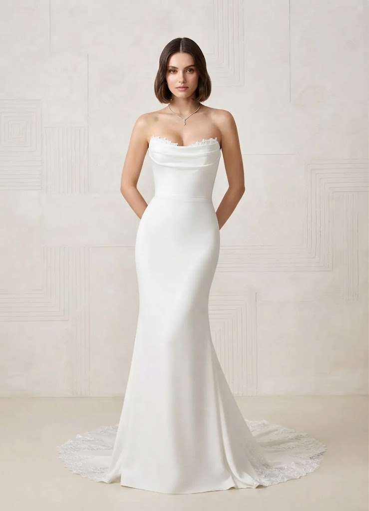 White Mermaid Strapless Sweetheart Crepe Back Satin Wedding Dress 