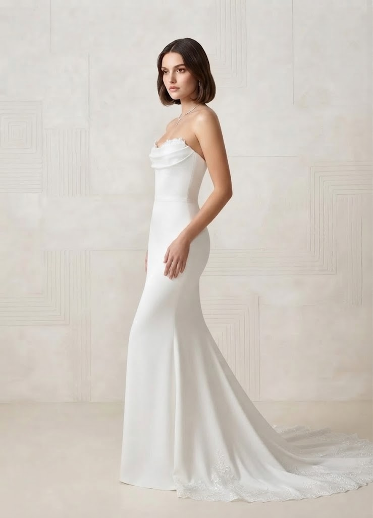 White Mermaid Strapless Sweetheart Crepe Back Satin Wedding Dress 