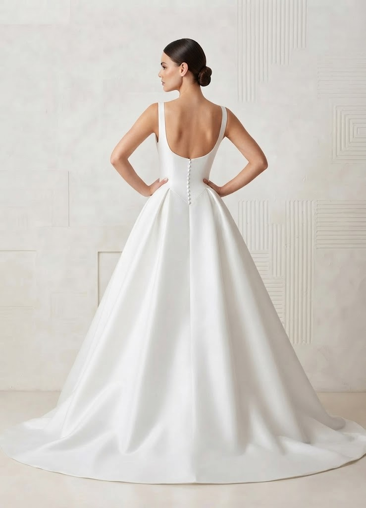 White A-Line Elegance Square-Neck Ball-Gown with Pockets Satin Wedding Dress 