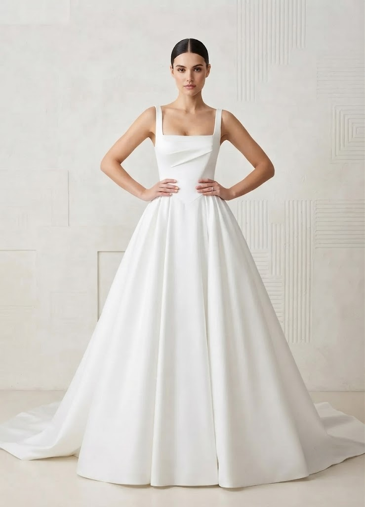 White A-Line Elegance Square-Neck Ball-Gown with Pockets Satin Wedding Dress 