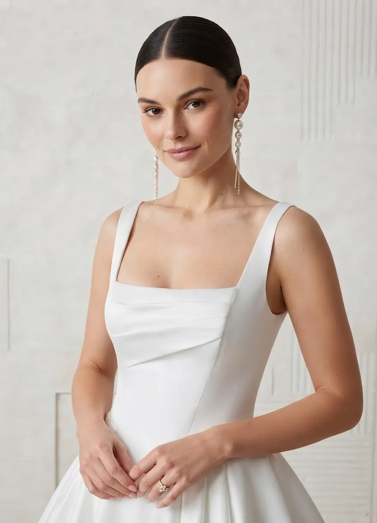 White A-Line Elegance Square-Neck Ball-Gown with Pockets Satin Wedding Dress 
