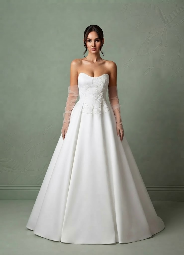 White Beaded Corset Sweetheart Ball-Gown Strapless Satin Wedding Dress 