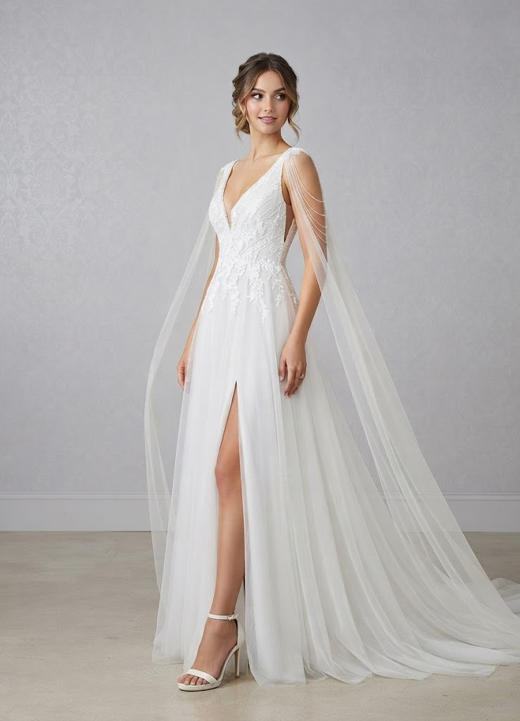 White Lace A-Line  V-Neck Sequins Tulle Wedding Dress 