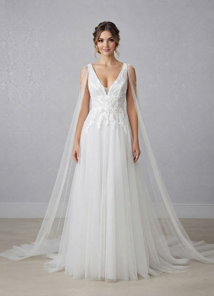 White Lace A-Line  V-Neck Sequins Tulle Wedding Dress 