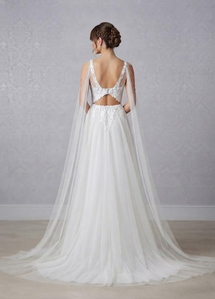 White Lace A-Line  V-Neck Sequins Tulle Wedding Dress 
