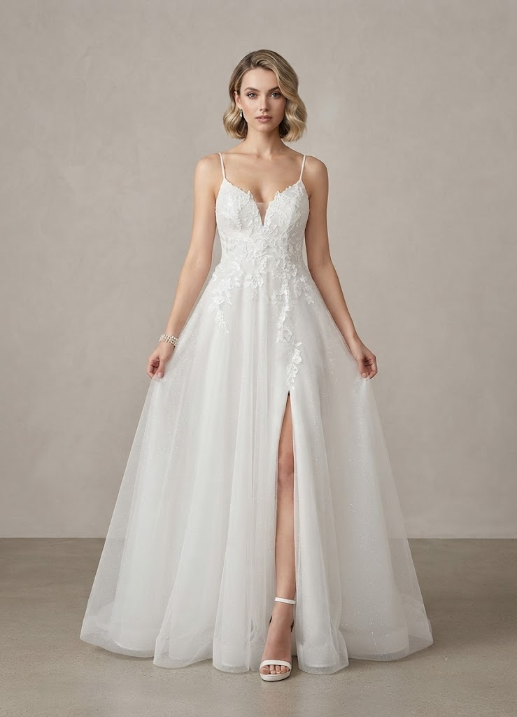 White Floral A-Line V-Neck Sequins Tulle Wedding Dress 