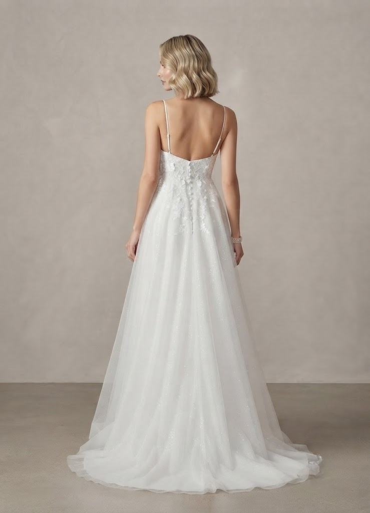 White Floral A-Line V-Neck Sequins Tulle Wedding Dress 