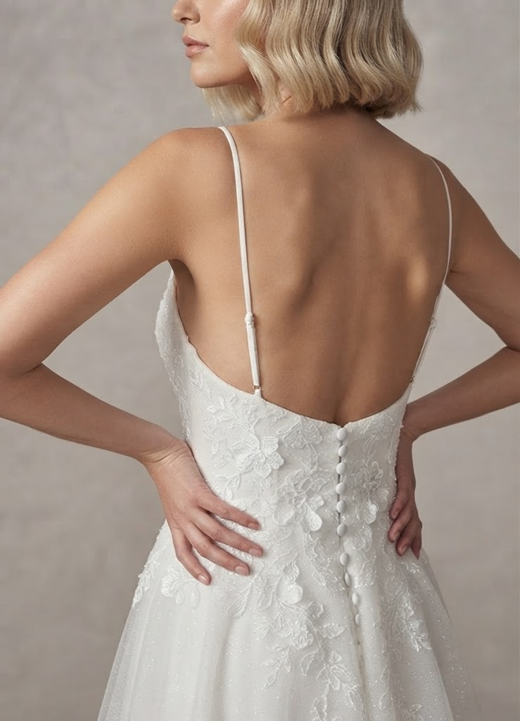 White Floral A-Line V-Neck Sequins Tulle Wedding Dress 