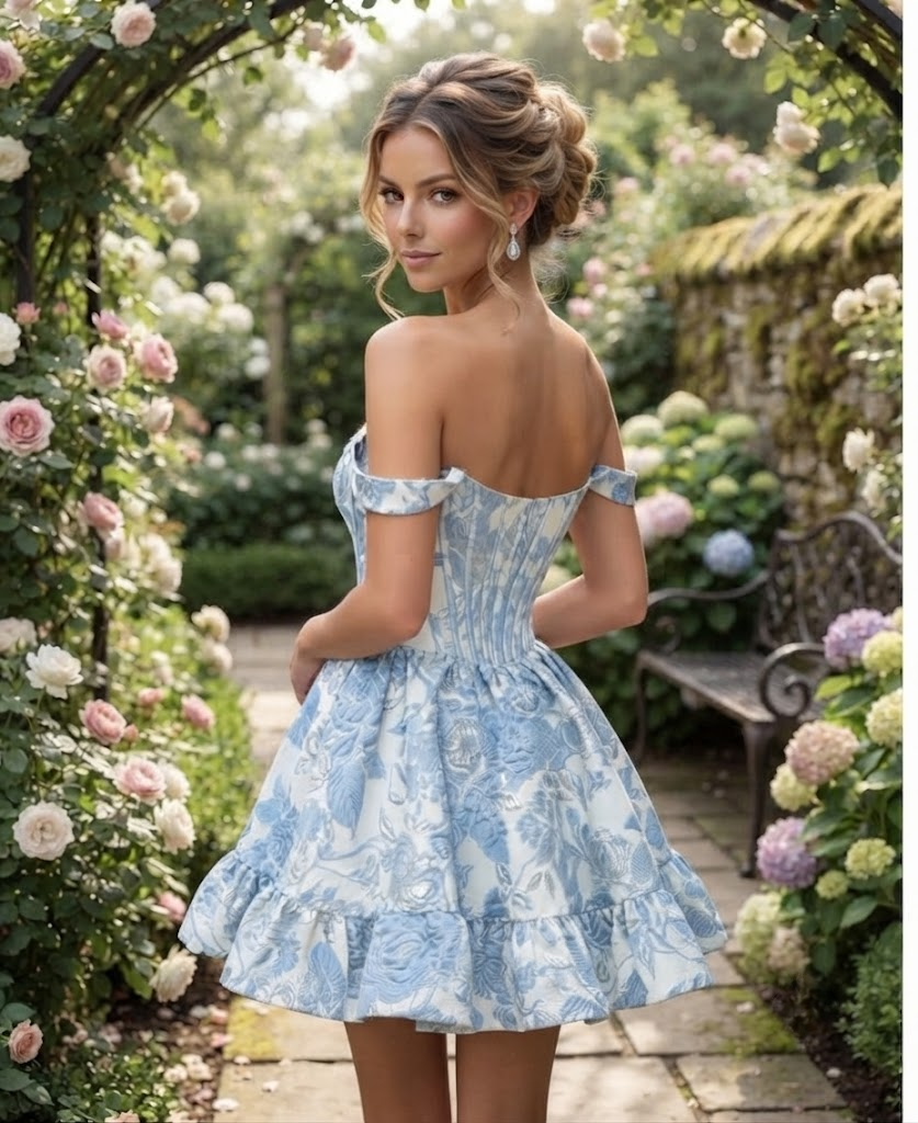 Blue Floral Jacquard Corset Off-The Shoulder A-Line Homecoming Dress