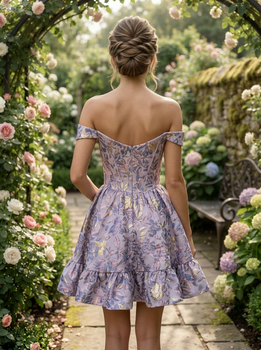 Blue Floral Jacquard Corset Off-The Shoulder A-Line Homecoming Dress