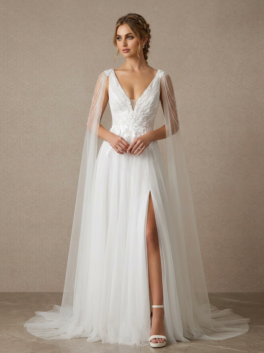 White A-Line V-Neck Sequins Tulle Wedding Dress with slit