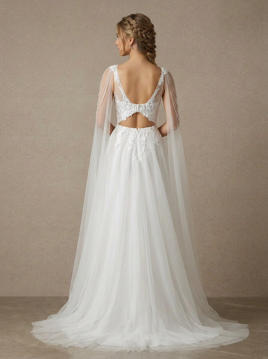 White A-Line V-Neck Sequins Tulle Wedding Dress with slit
