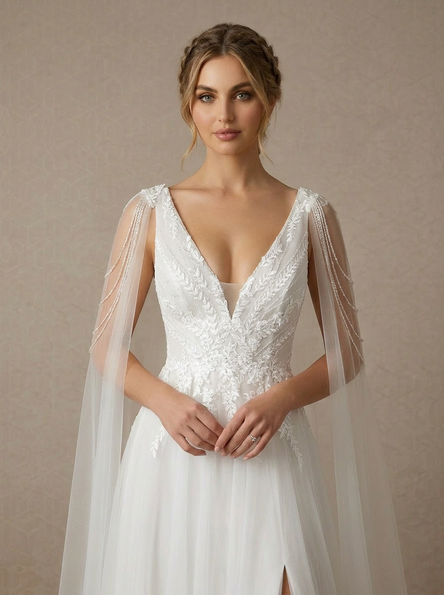 White A-Line V-Neck Sequins Tulle Wedding Dress with slit