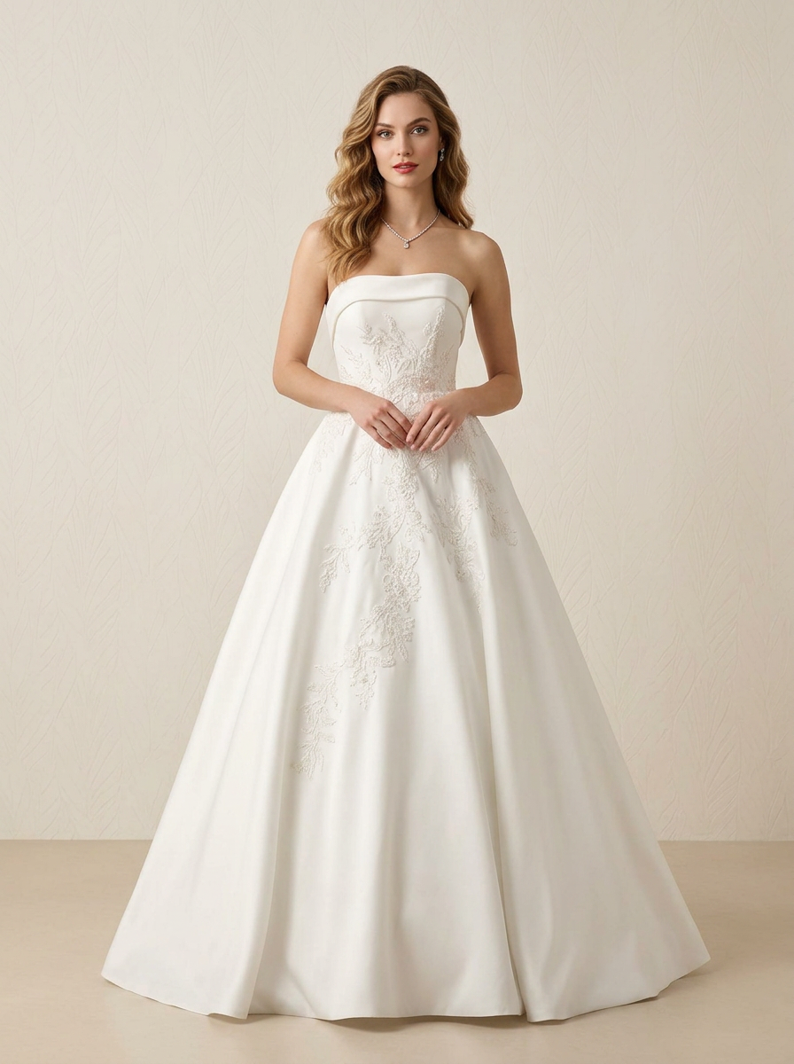 Ivory Ball-Gown Strapless A-Line Satin Wedding Dress 