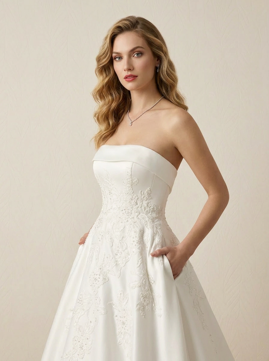 Ivory Ball-Gown Strapless A-Line Satin Wedding Dress 