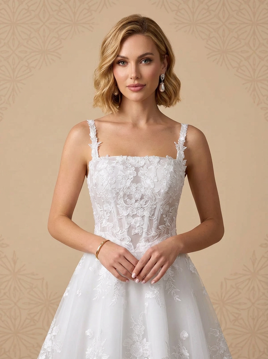 White A-Line Lace Floral Appliqué Corset Square Neckline Wedding Dress 