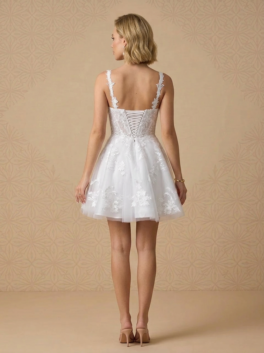 White A-Line Lace Floral Appliqué Corset Square Neckline Wedding Dress 