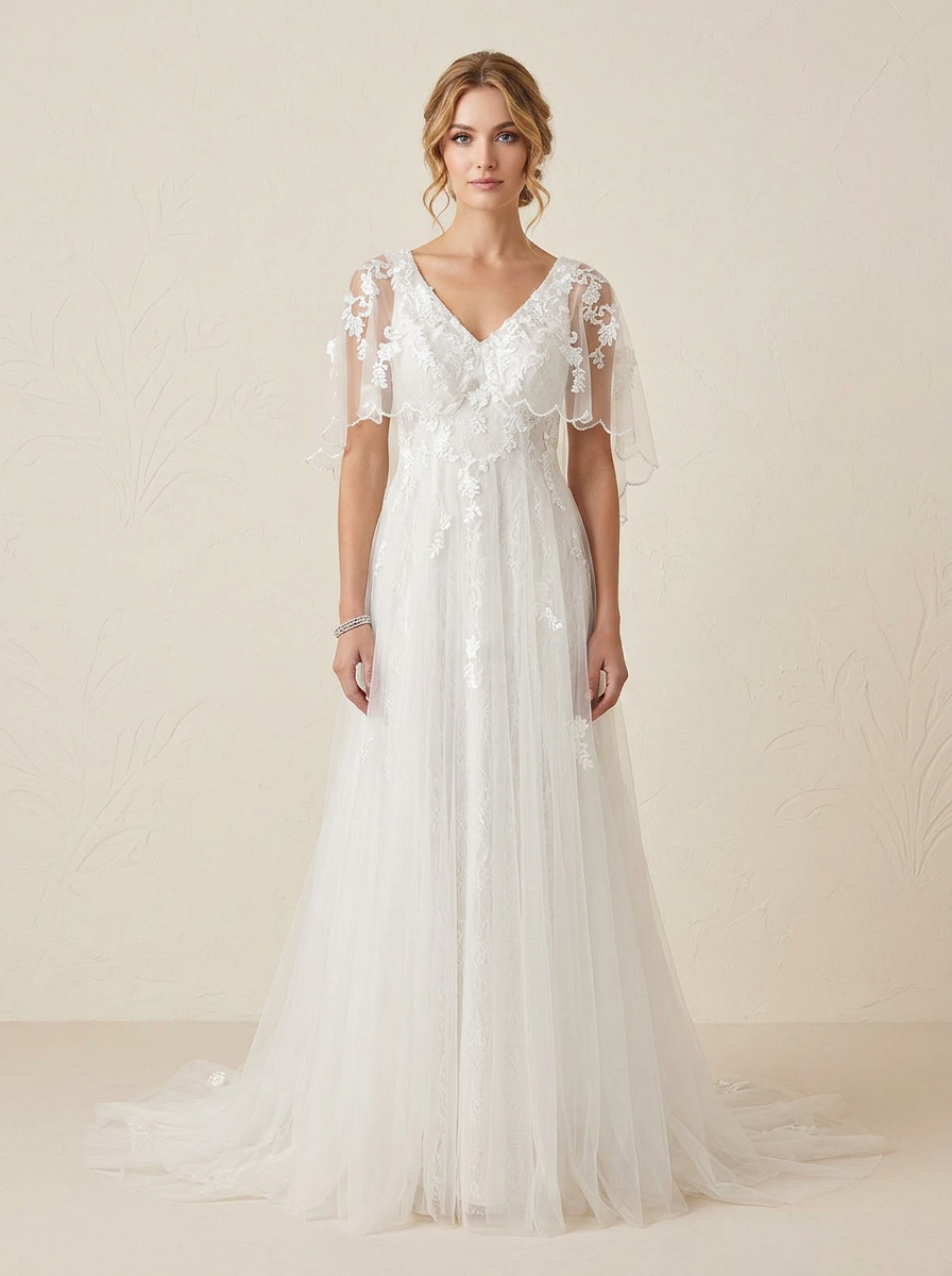 White Floral Lace A-Line Sequins Tulle Wedding Dress 