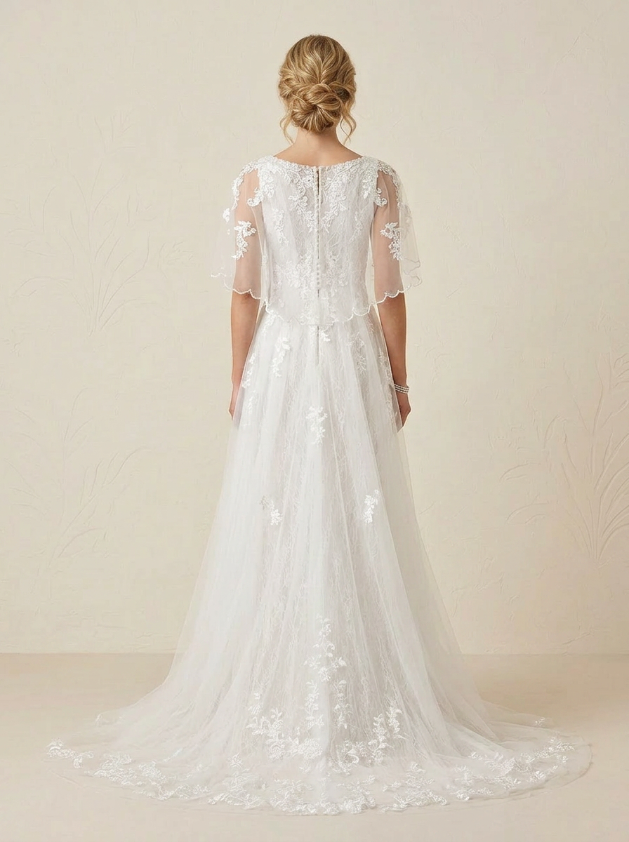 White Floral Lace A-Line Sequins Tulle Wedding Dress 