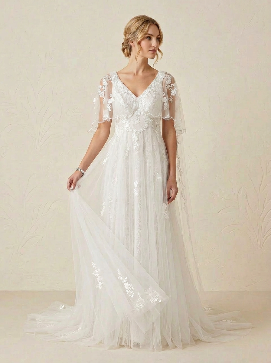 White Floral Lace A-Line Sequins Tulle Wedding Dress 