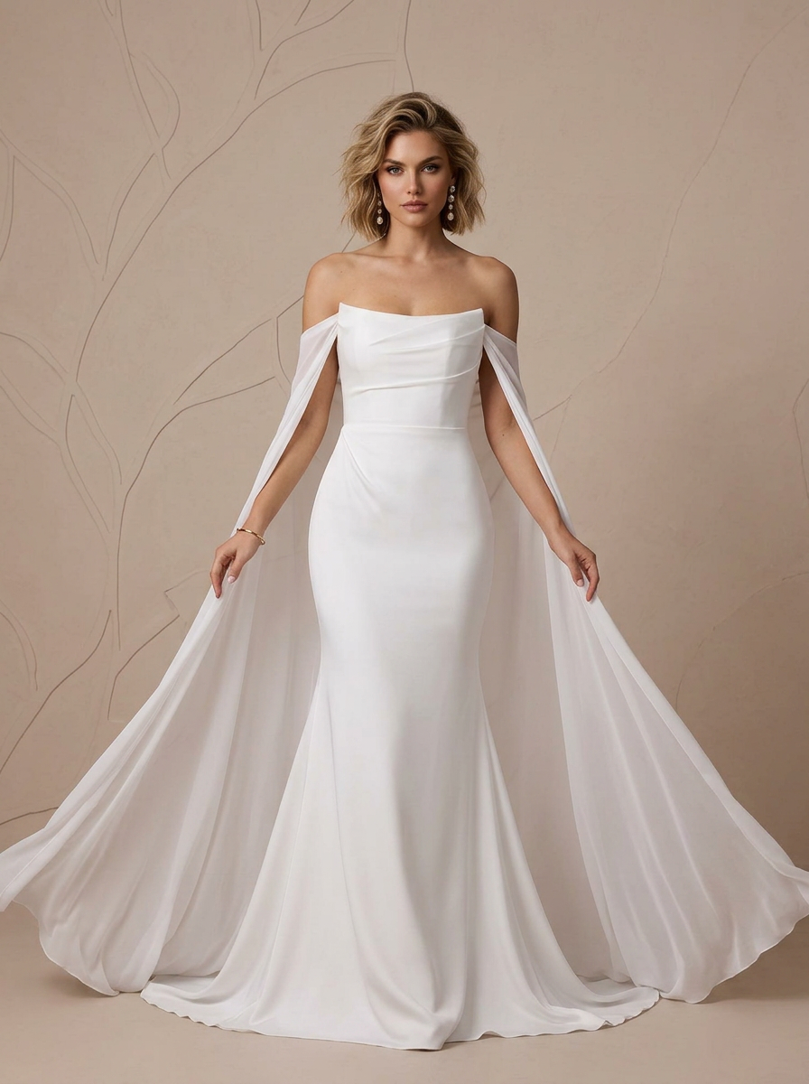  White Sheath Strapless Crepe Back Satin Wedding Dress 
