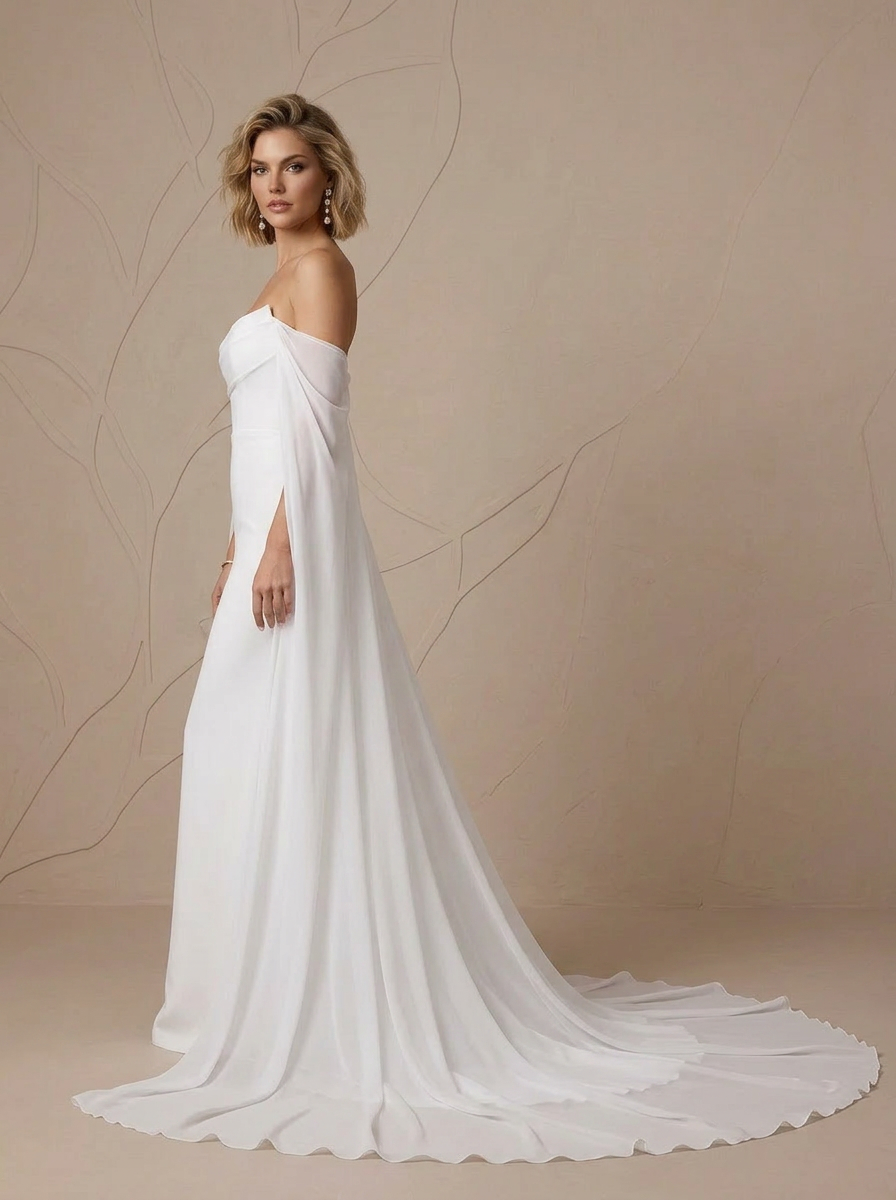  White Sheath Strapless Crepe Back Satin Wedding Dress 