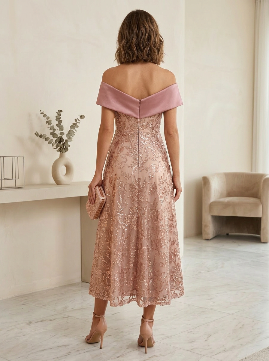 Radiant Rose-Gold Satin-Contrast Floral Sequin Mother of the Bride & Groom Dresses 