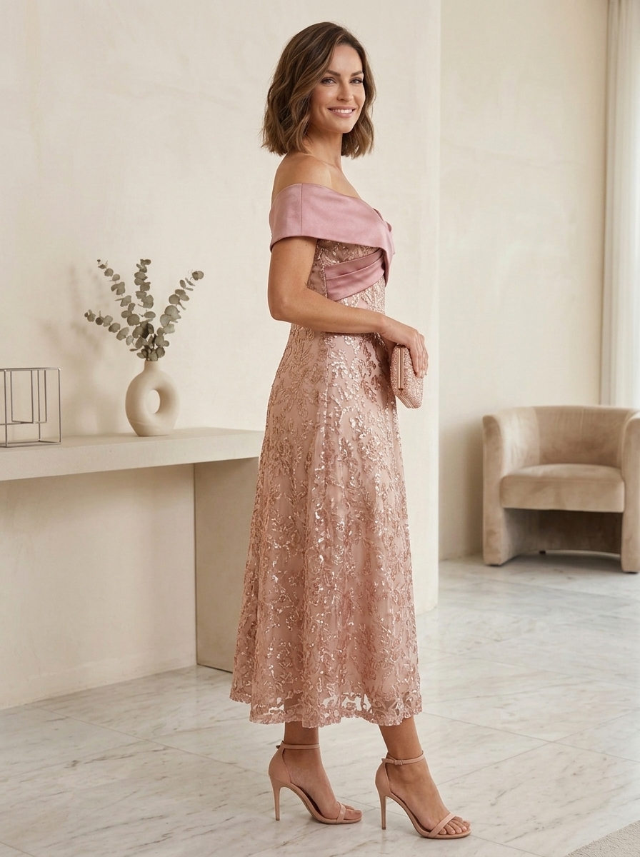 Radiant Rose-Gold Satin-Contrast Floral Sequin Mother of the Bride & Groom Dresses 