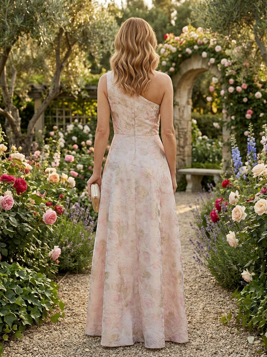 Radiant Pink and Gold Jacquard One-Shoulder A-Line Mother of the Bride & Groom Dresses 