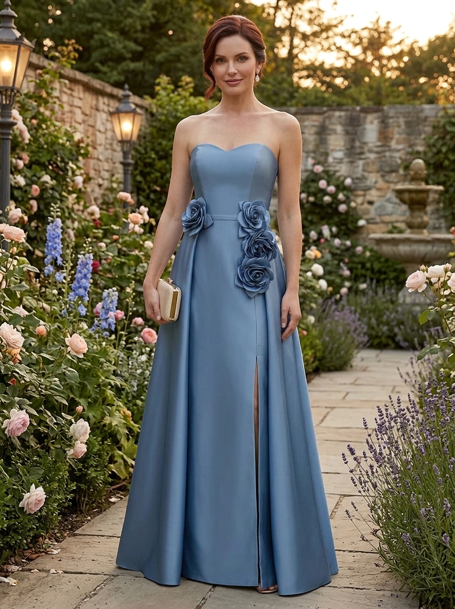 Elegant Dusty Blue Floral Accent Strapless A-Line Mother of the Bride & Groom Dresses 
