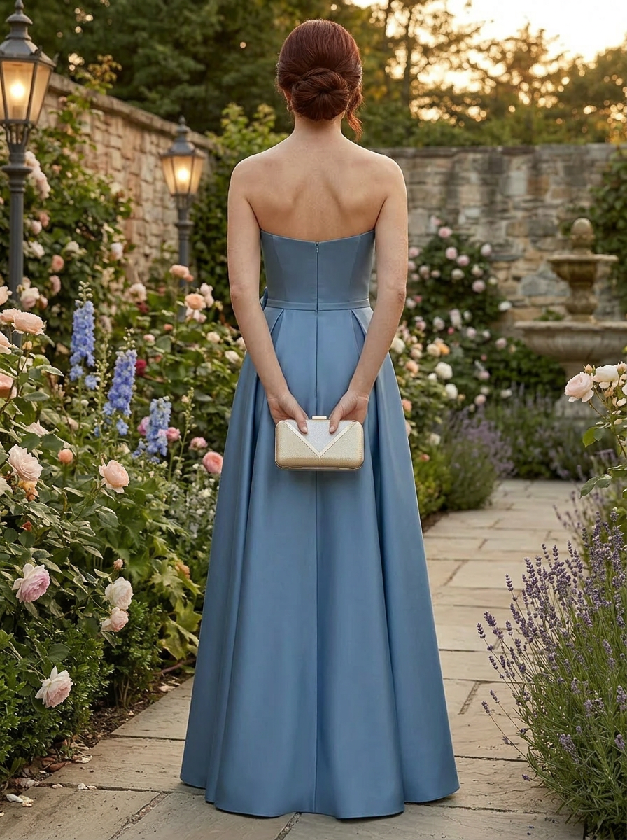 Elegant Dusty Blue Floral Accent Strapless A-Line Mother of the Bride & Groom Dresses 