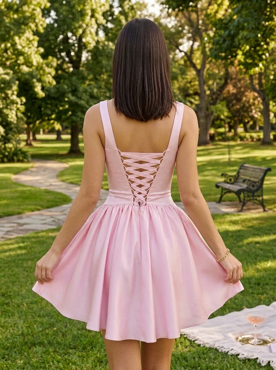 Dreamy Sky Blue Satin Corset Square Neck Homecoming Dress