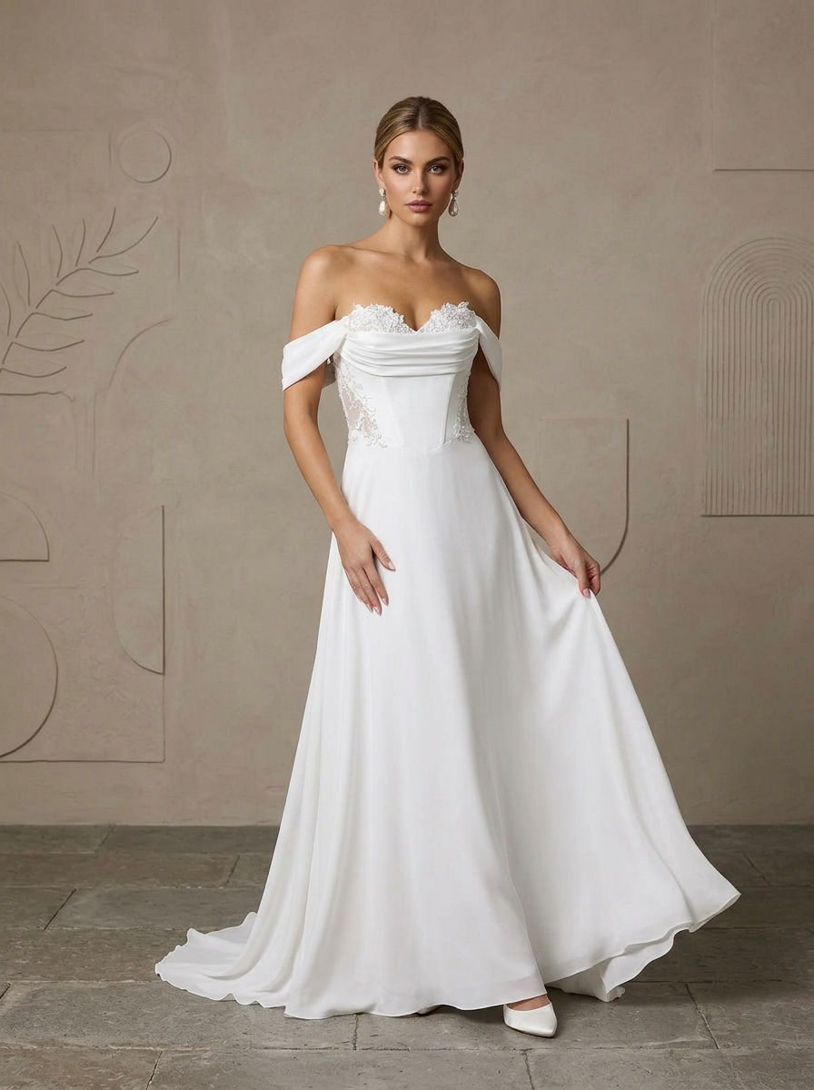 Timeless Ivory Off-the-Shoulder Lace Bodice Sweetheart Neckline Crepe Back Wedding Dress