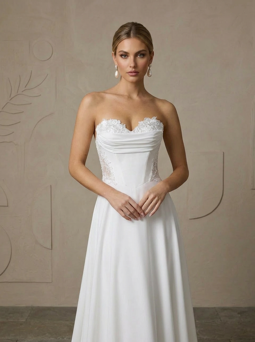 Timeless Ivory Off-the-Shoulder Lace Bodice Sweetheart Neckline Crepe Back Wedding Dress