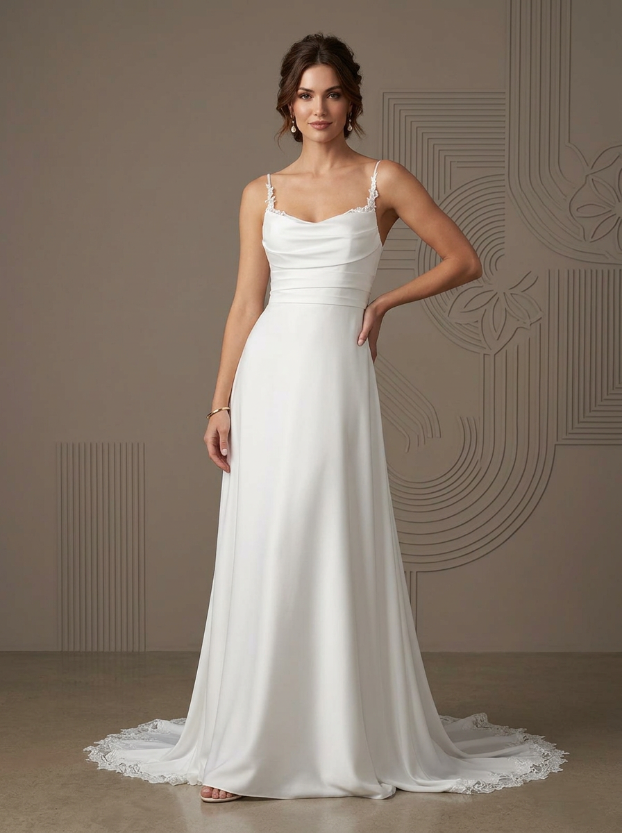 White A-Line Lace Stretch Satin Spaghetti Straps Wedding Dress